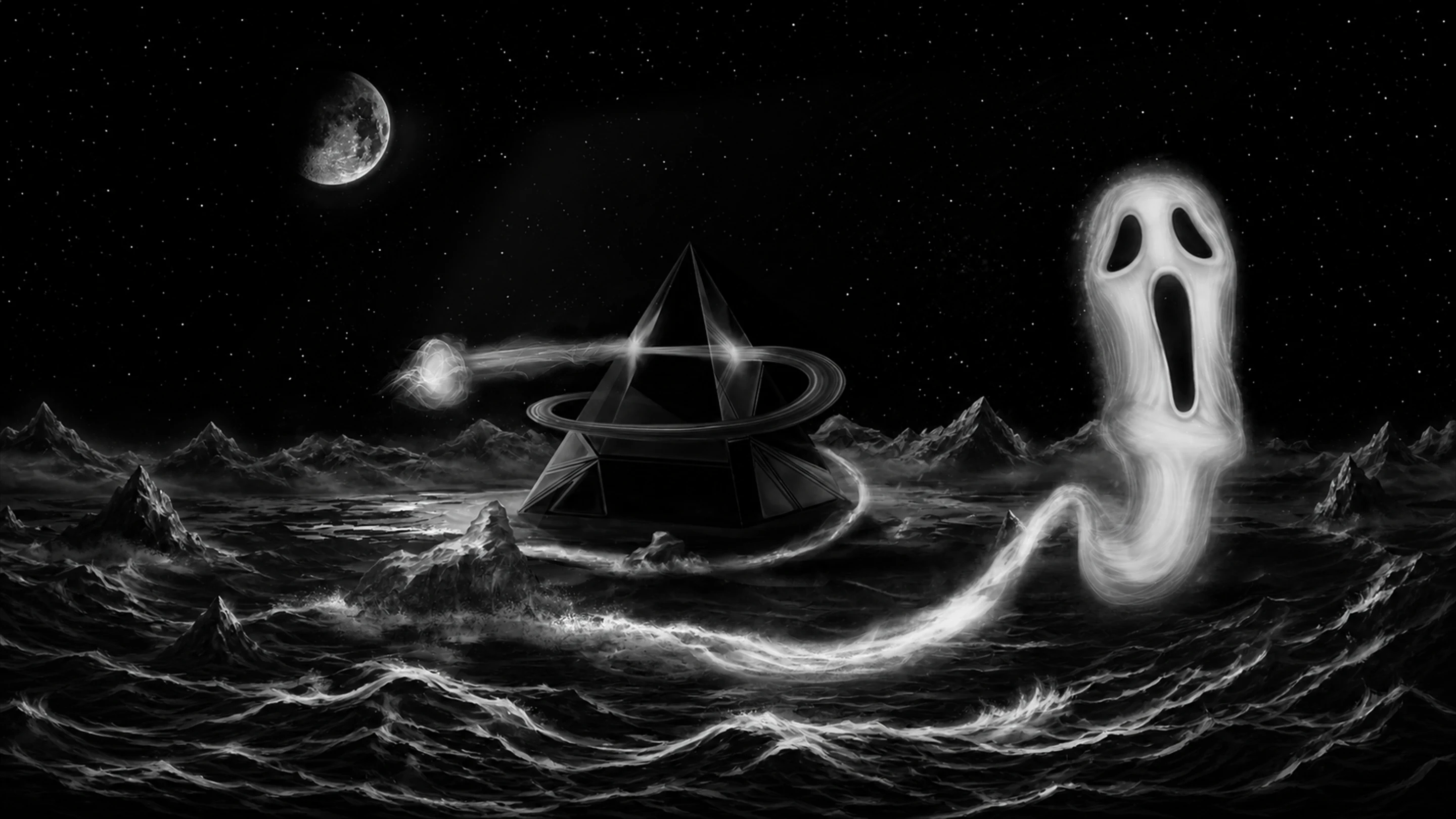 A prism ringed by a spiral over a dark ocean, a moon at upper left, an energy sphere beside the prism, mountains along the horizon, and a ghost rising at right.